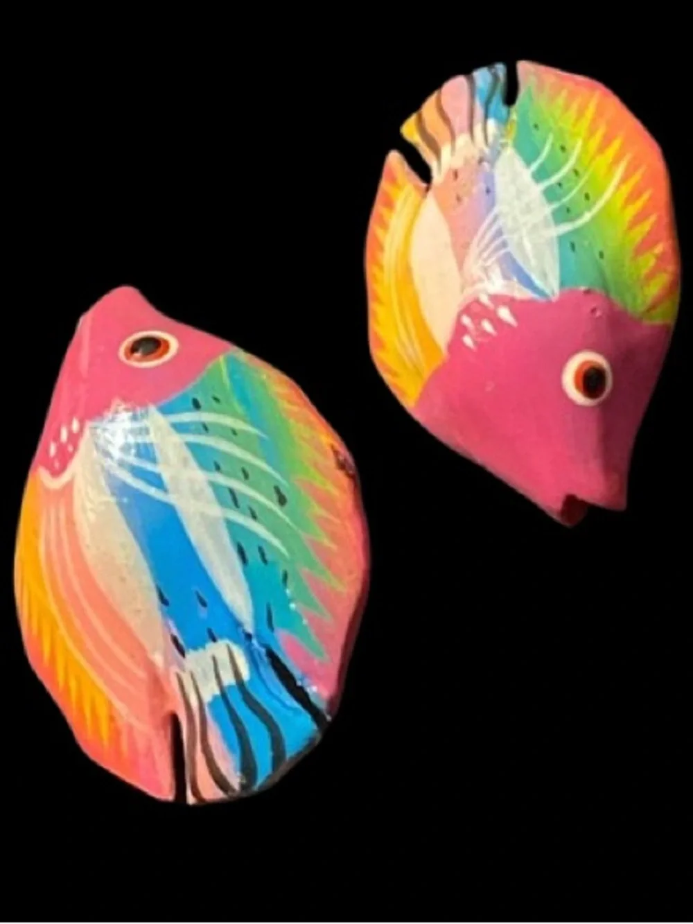 Vintage Wooden Hand Crafted Earrings Pierced Tropical Fish Design Colorful